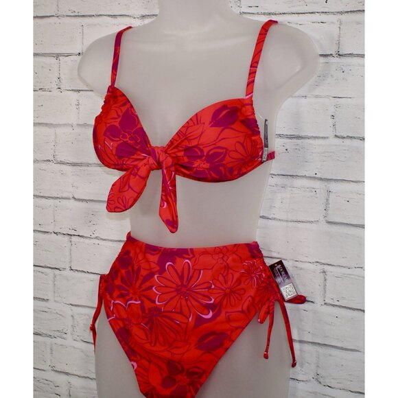 Adore Me Bikini Top & High Waist Bottom Set Red Joyful Daisies Size Medium NWT - Picture 4 of 13